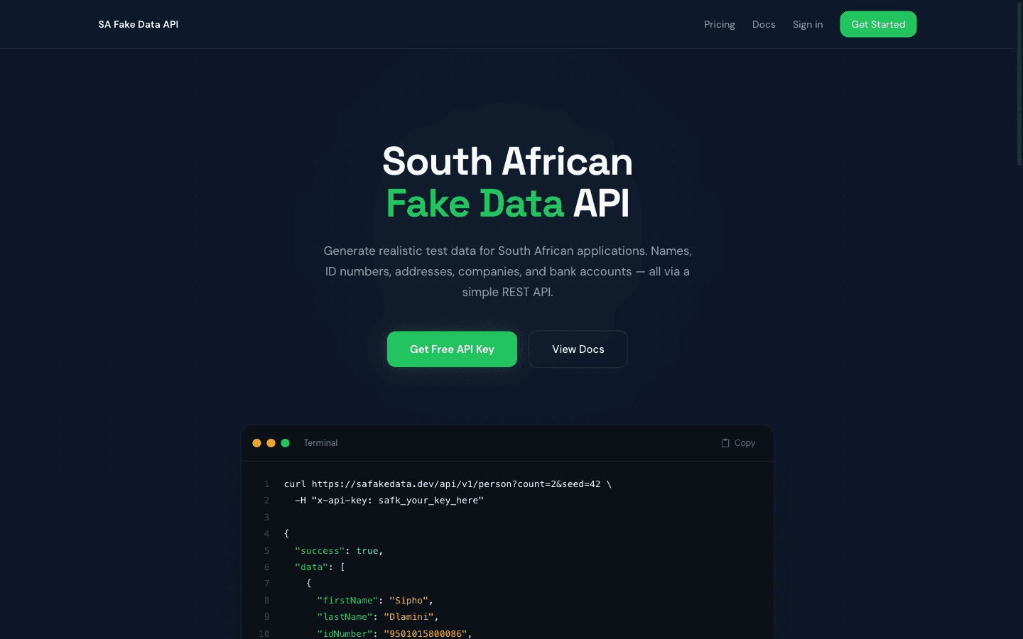 SA Fake Data — Developer Tool project screenshot
