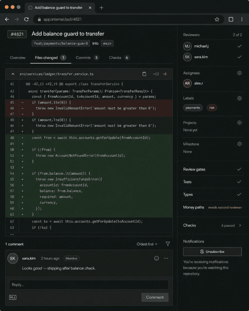 Code review of a balance-guard change with review gates, tests, and types all passing